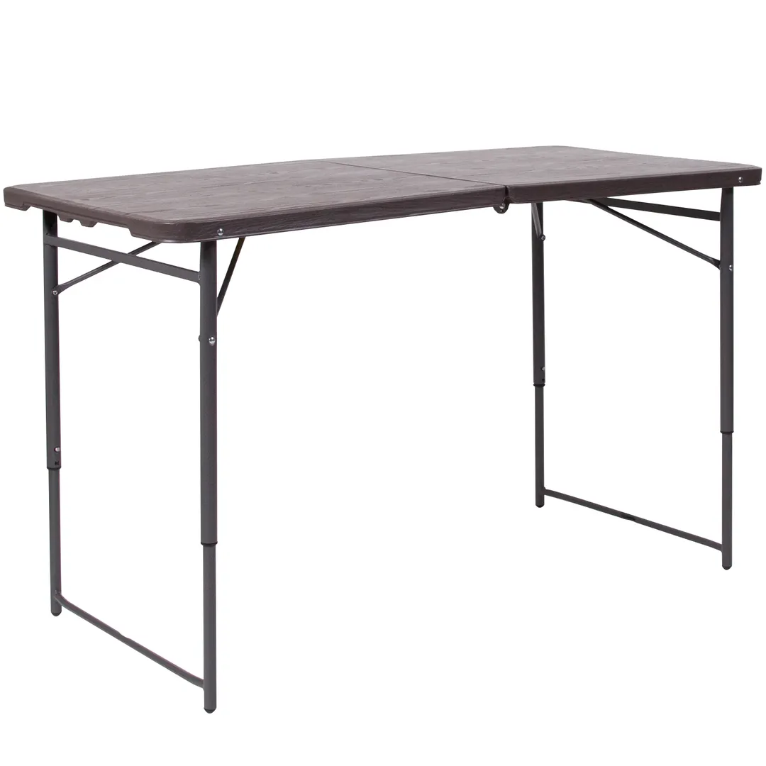 Flash Furniture DAD-LF-122Z-GG Folding Table, 23.5" x 48.25" x 21.5"-29.5" Adjustable Height, Rectangular, Brown Wood Grain Plastic Top, 220 lbs Capacity, Gray Powder Coated Locking Legs