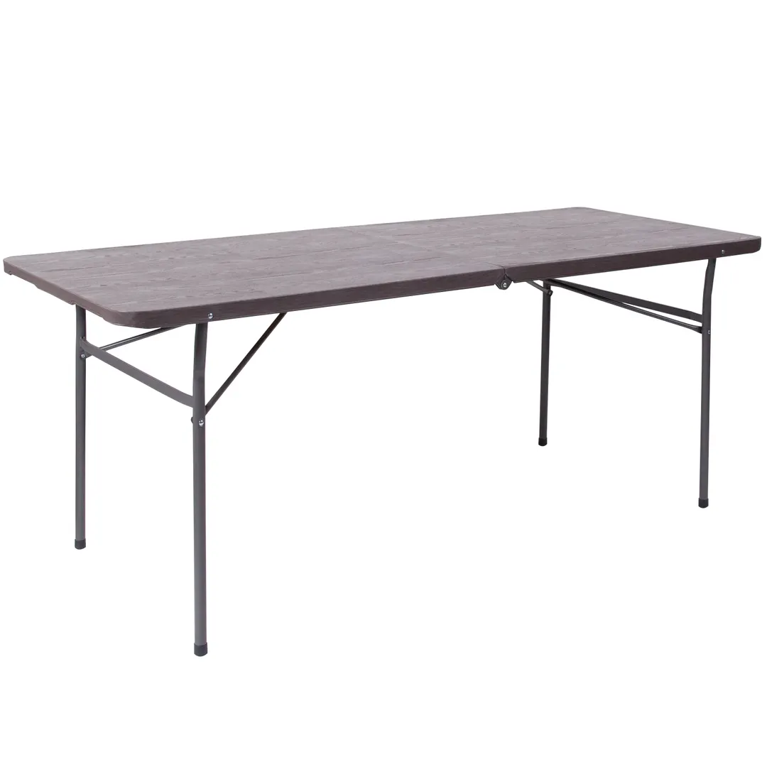 Flash Furniture DAD-LF-183Z-GG Folding Table, 30" x 72" x 29"H, Brown Woodgrain Plastic Top, 220 lbs Capacity, Rectangular, Folds in Half