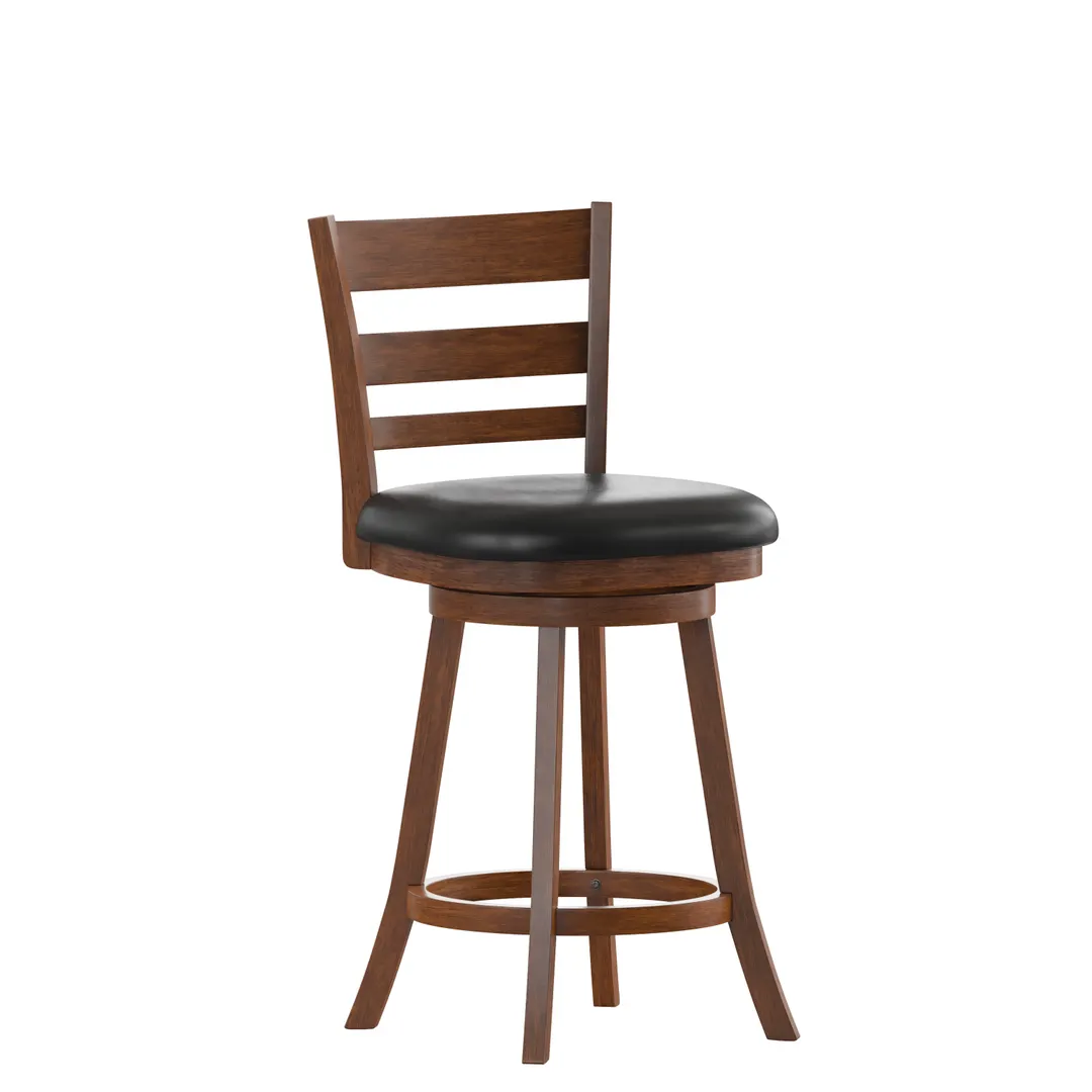Flash Furniture ES-UN3-24-OAK-GG Zerrick Swivel Counter Height Bar Stool, Wood Ladder Back, Padded LeatherSoft Seat, Antique Oak Finish