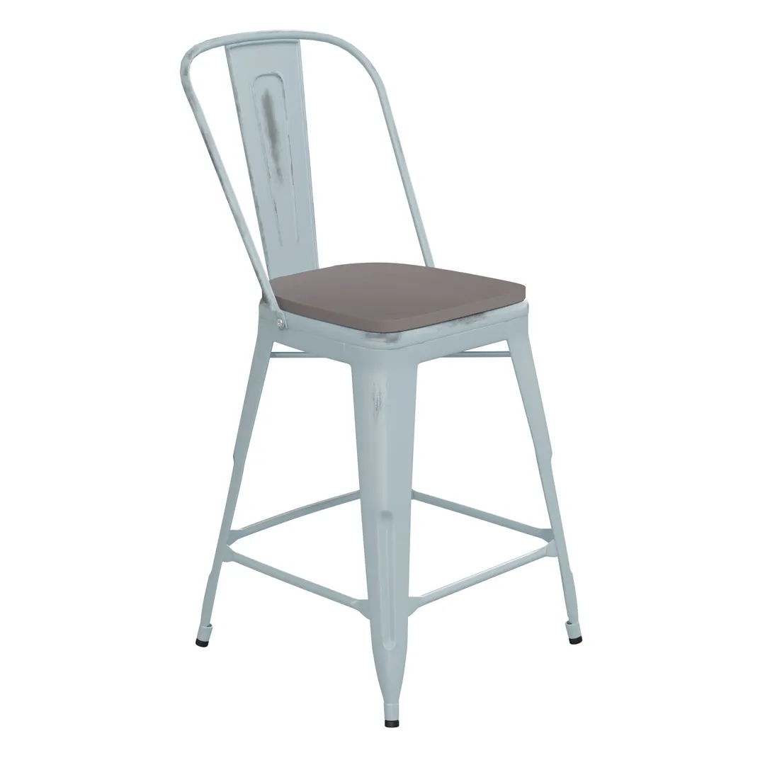 Flash Furniture ET-3534-24-DB-PL1G-GG Carly Counter Height Bar Stool, 500 lb, Gray Poly Resin Seat, Distressed Steel Frame
