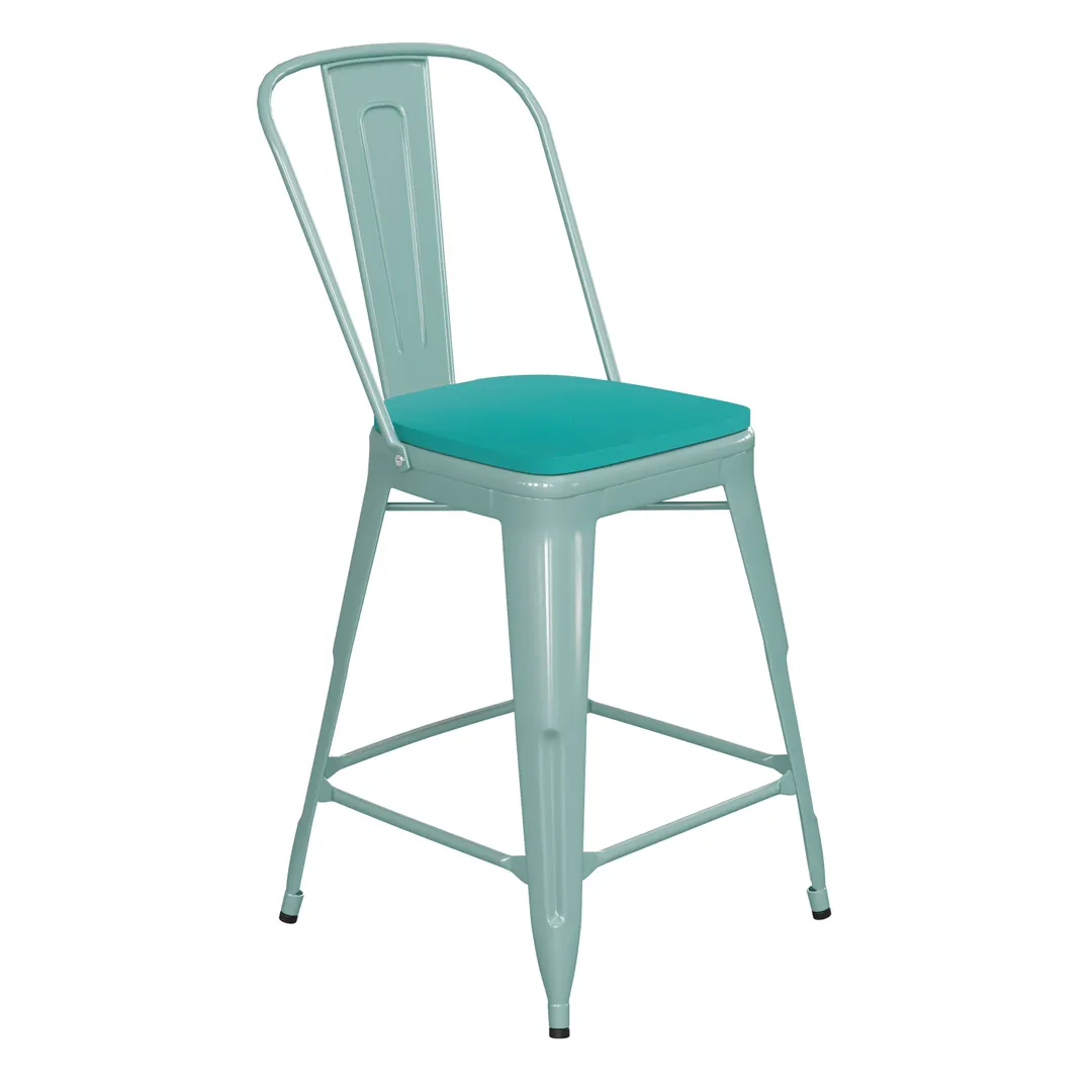 Flash Furniture ET-3534-24-MINT-PL1M-GG Carly Counter Height Bar Stool, 500 lb, Mint Green Polypropylene Seat, Distressed Steel Frame