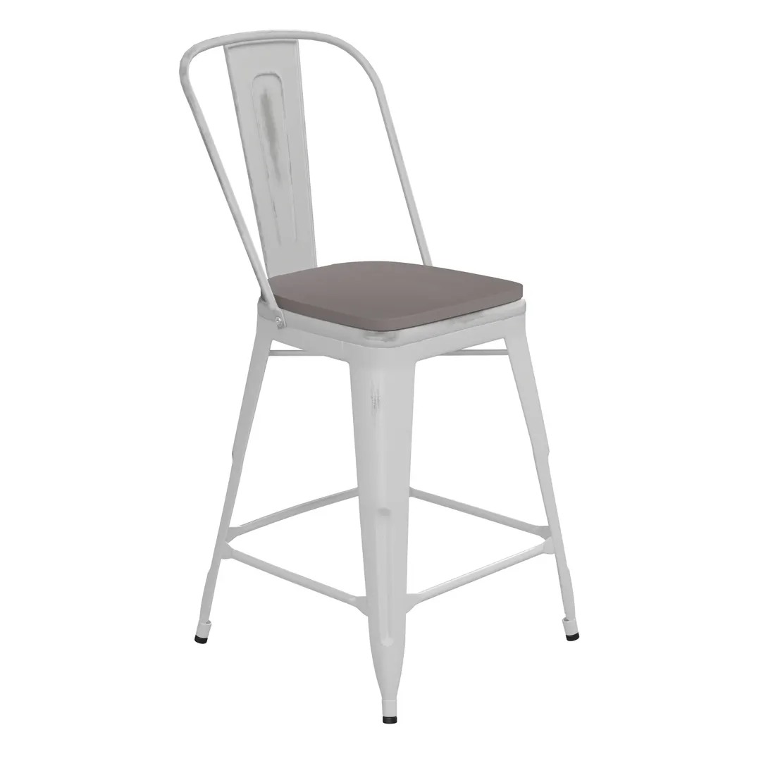 Flash Furniture ET-3534-24-WH-PL1G-GG Carly Counter Height Bar Stool, 500 lb. Weight Capacity, White Distressed Steel Frame, Gray Polypropylene Seat