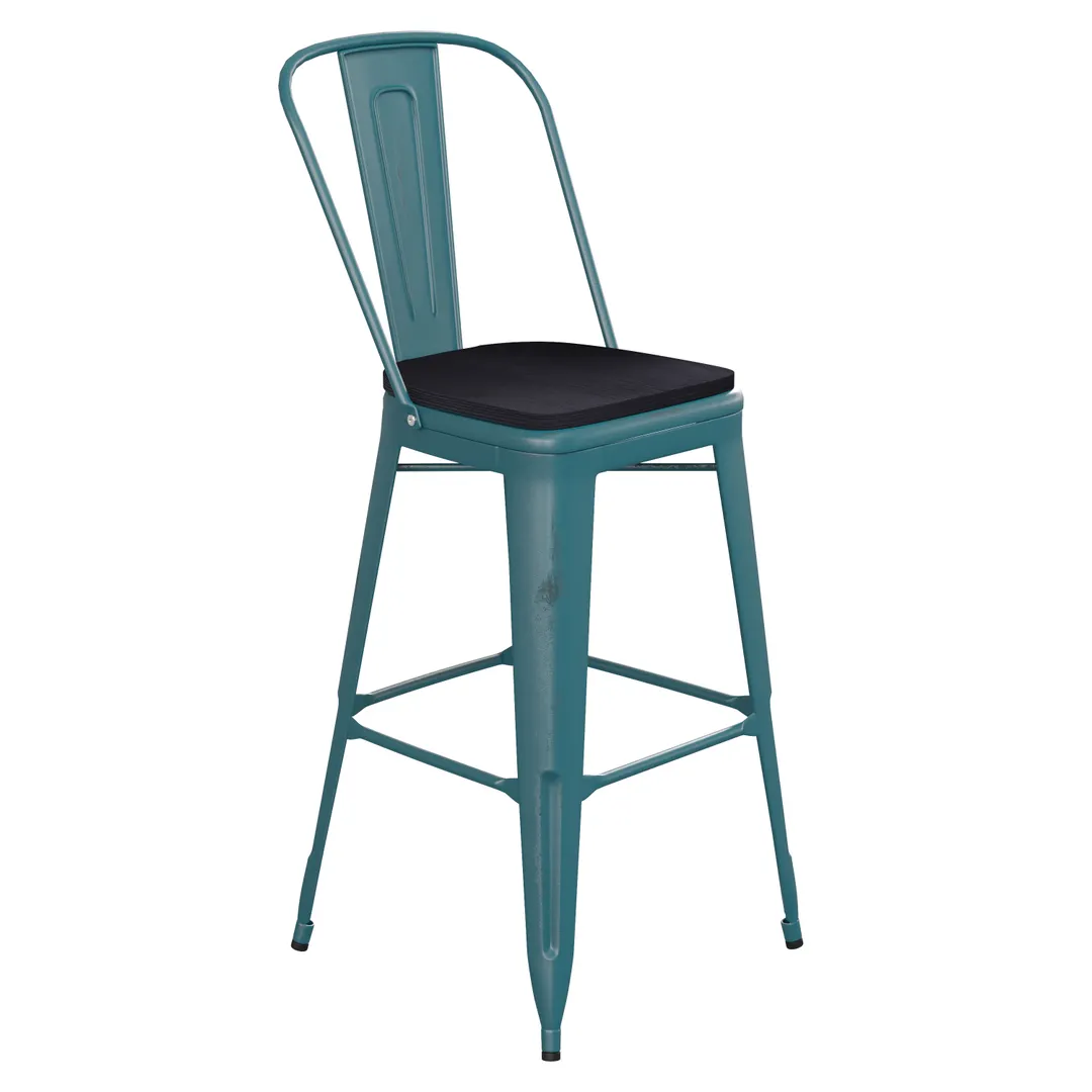 Flash Furniture ET-3534-30-KB-PL1B-GG Carly Bar Stool, 500 lb, Black Polypropylene Seat, Distressed Steel Frame