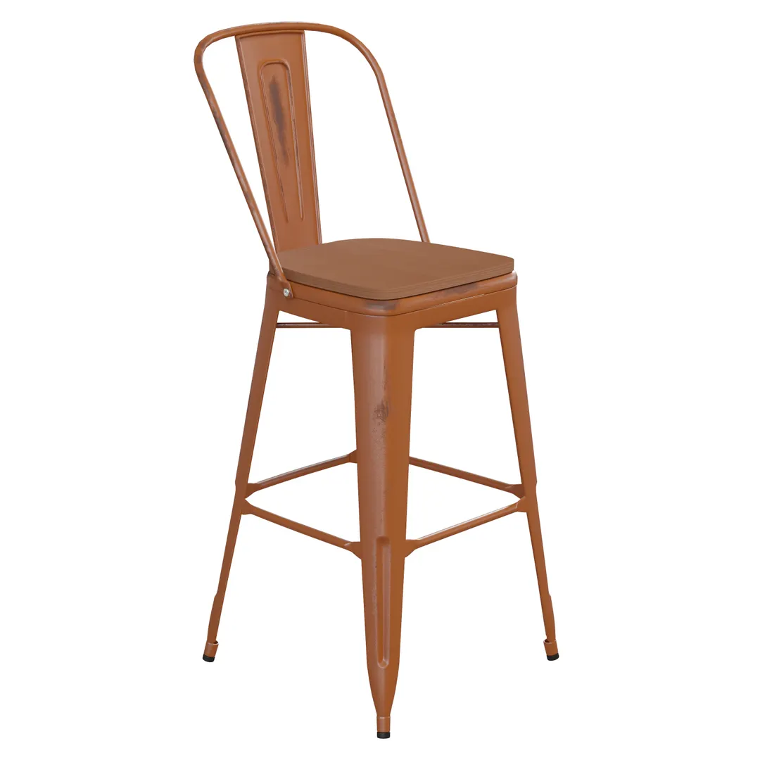 Flash Furniture ET-3534-30-OR-PL1T-GG Carly Bar Stool, 500 lb, Orange Polypropylene Seat, Distressed Steel Frame