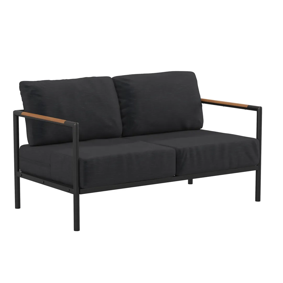 Flash Furniture GM-201027-2S-CH-GG Outdoor Loveseat, 600 lb, Cushions, Aluminum Frame, Teak Arms, Charcoal