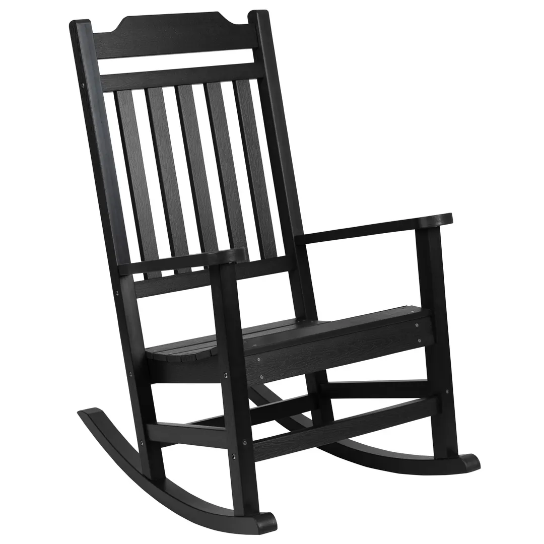 Flash Furniture JJ-C14703-BK-GG Outdoor Rocking Chair, 225 lbs, Polystyrene Faux Wood, Black, Plastic Frame