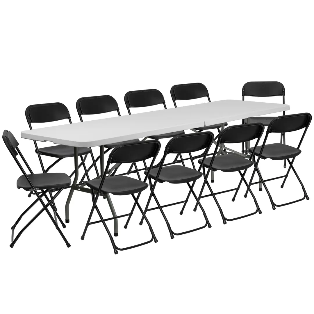Flash Furniture RB-3096F-10-LEL3-BK-GG 8' Bi-Fold Folding Table & 10 Folding Chairs Set, Waterproof Plastic Laminated Top, Powder Coated Locking Legs, Black