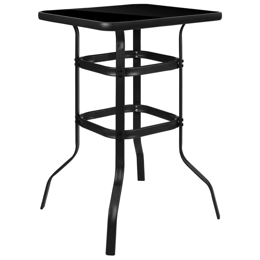 Flash Furniture TLH-073H-B-GG Outdoor Table, Square 27.5" x 27.5" x 39.5" Black, Glass Top, Steel Frame Glides