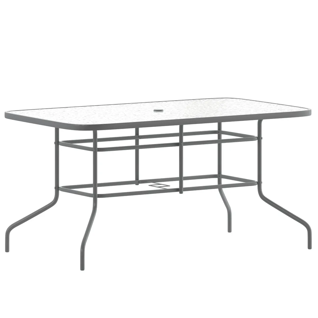 Flash Furniture TLH-089-SV-GG Table, 55" W x 31-1/2" D x 27-1/2" H, Glass Top, Metal Frame, Umbrella Hole