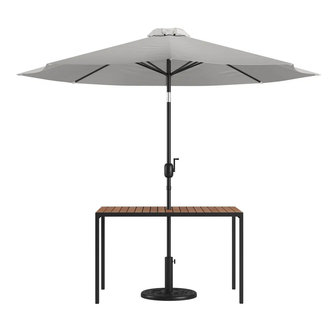 Flash Furniture XU-DG-UH3048-UB19BGY-GG Table Set, 48" W x 30" D Teak Top, 30" H Steel Frame, Umbrella & Base