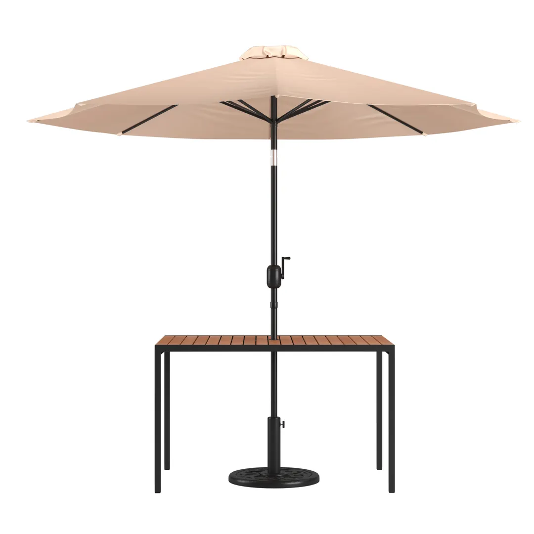 Flash Furniture XU-DG-UH3048-UB19BTN-GG Table Set, 48"W x 30"D Teak Top, Steel Frame 30"H, Tan Umbrella & Base