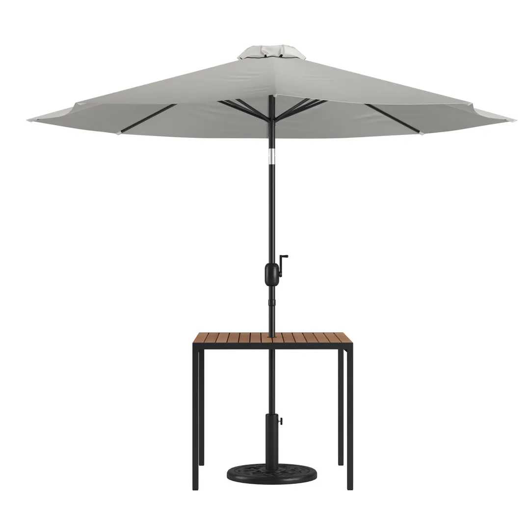 Flash Furniture XU-DG-UH8100-UB19BGY-GG Table Set, 35" Square Teak Top, Umbrella Hole, Umbrella Set, 30" H