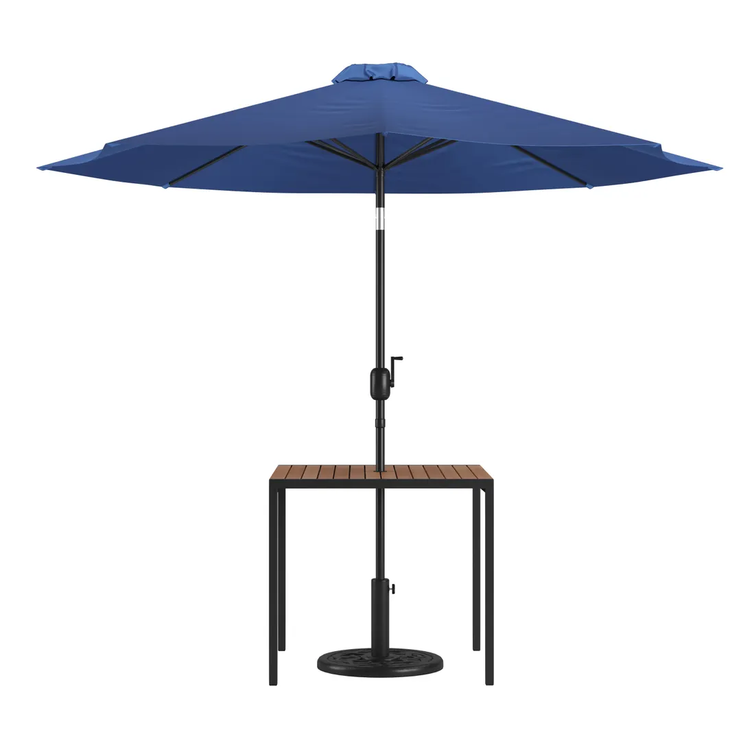 Flash Furniture XU-DG-UH8100-UB19BNV-GG Table Set, 35" Teak Top, Steel Frame, 30" x 35", Navy Umbrella & Base
