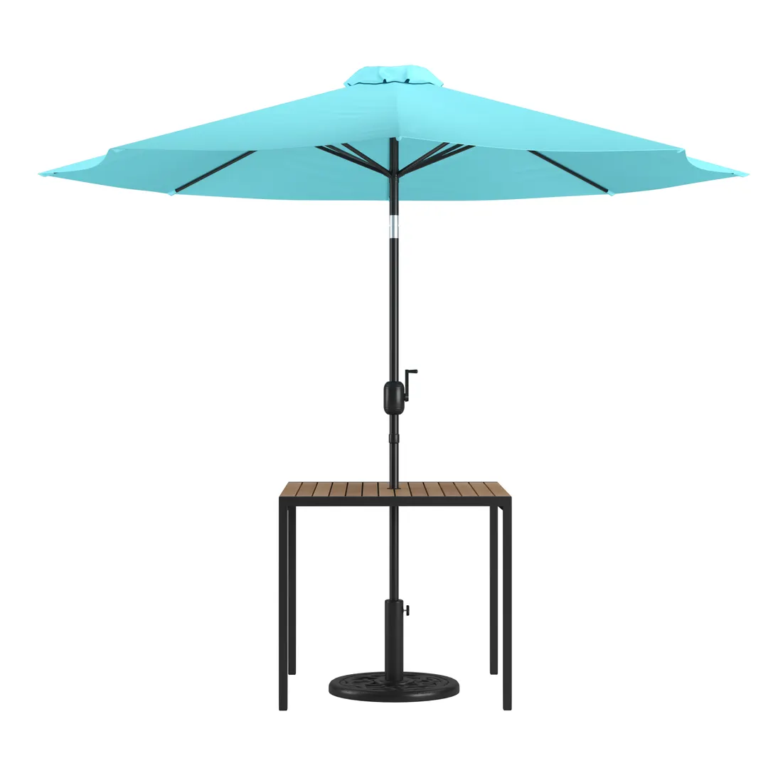 Flash Furniture XU-DG-UH8100-UB19BTL-GG Patio Table Set, 35" Teak Top, Steel Frame, Teal Umbrella, 30" H
