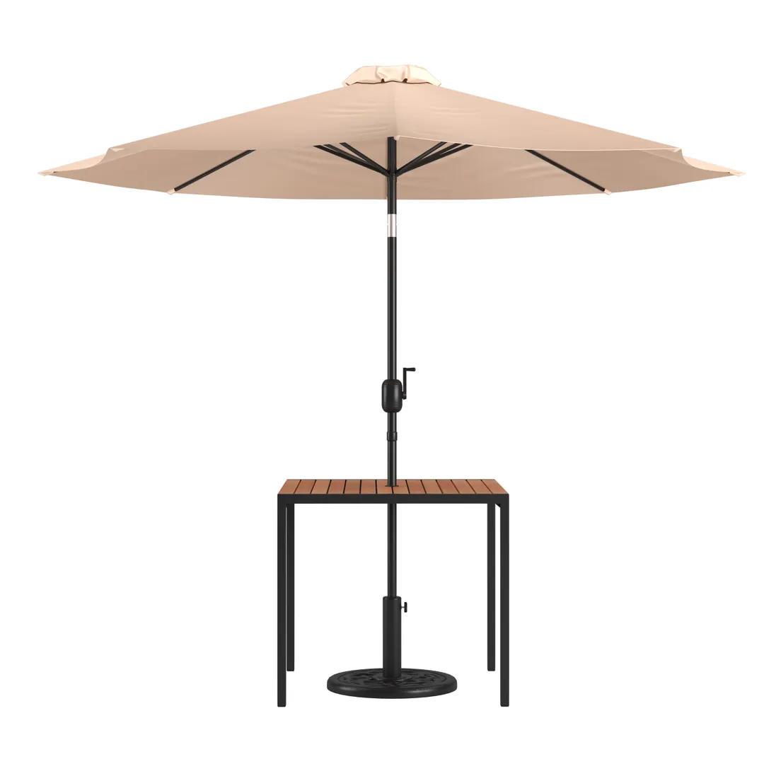 Flash Furniture XU-DG-UH8100-UB19BTN-GG Table Set, 35" Square Teak Top, 30" H Frame, Umbrella & Base Included