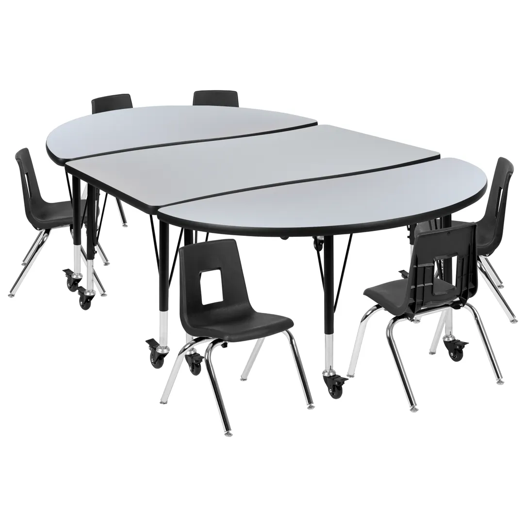 Flash Furniture XU-GRP-12CH-A3048CON-48-GY-T-P-CAS-GG Emmy Activity Table & Chair Set, Oval Laminate Top, 76"W x 47.5"D, Adjustable Height, 6 Stack Chairs, Gray/Black