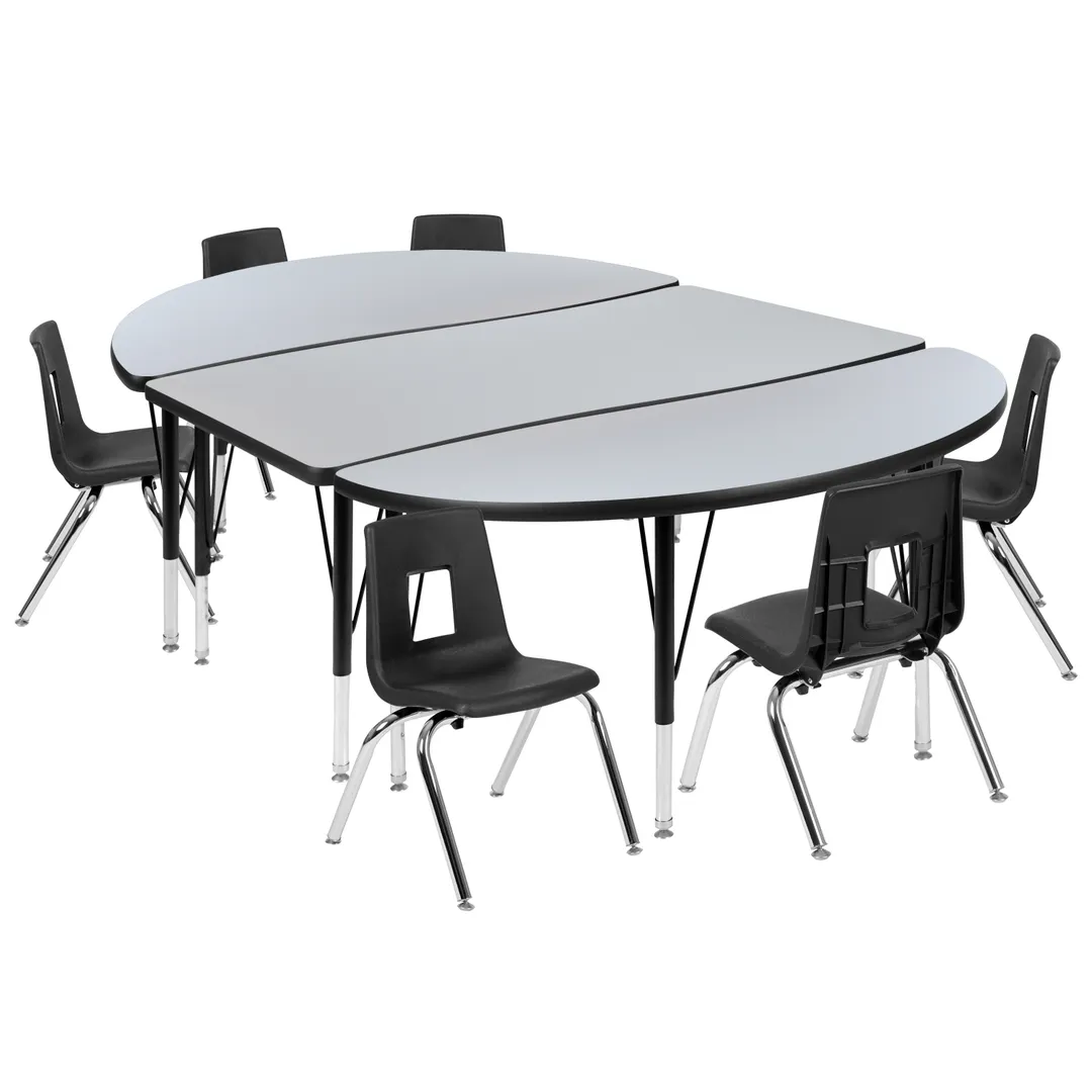 Flash Furniture XU-GRP-12CH-A3048CON-48-GY-T-P-GG Emmy Activity Table & Chair Set, Oval Laminate Top, 76"W x 47.5"D, 6 Stack Chairs, Gray/Black, Adjustable Height