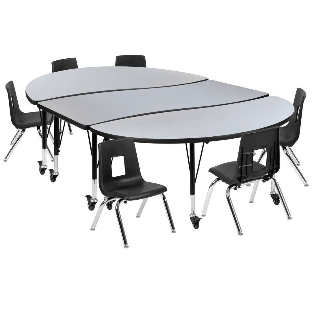 Flash Furniture XU-GRP-12CH-A3060CON-60-GY-T-P-CAS-GG Emmy Activity Table & Chair Set, Oval 86x60, Adjustable Height, 6 Stack Chairs