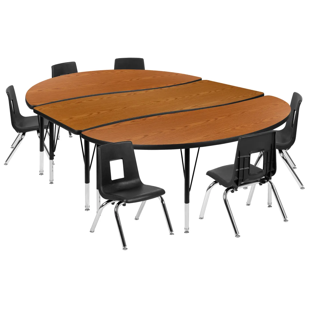 Flash Furniture XU-GRP-12CH-A3060CON-60-OAK-T-P-GG Emmy Activity Table & Chair Set, Oval Laminate Top, 86x60, Adjustable Height, 6 Stack Chairs, Oak/Black