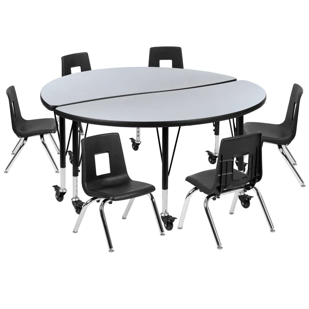 Flash Furniture XU-GRP-12CH-A48-HCIRC-GY-T-P-CAS-GG Emmy Activity Table & Chair Set, 48" Round Laminate Top, 6 Stack Chairs, Adjustable Height, Gray/Black