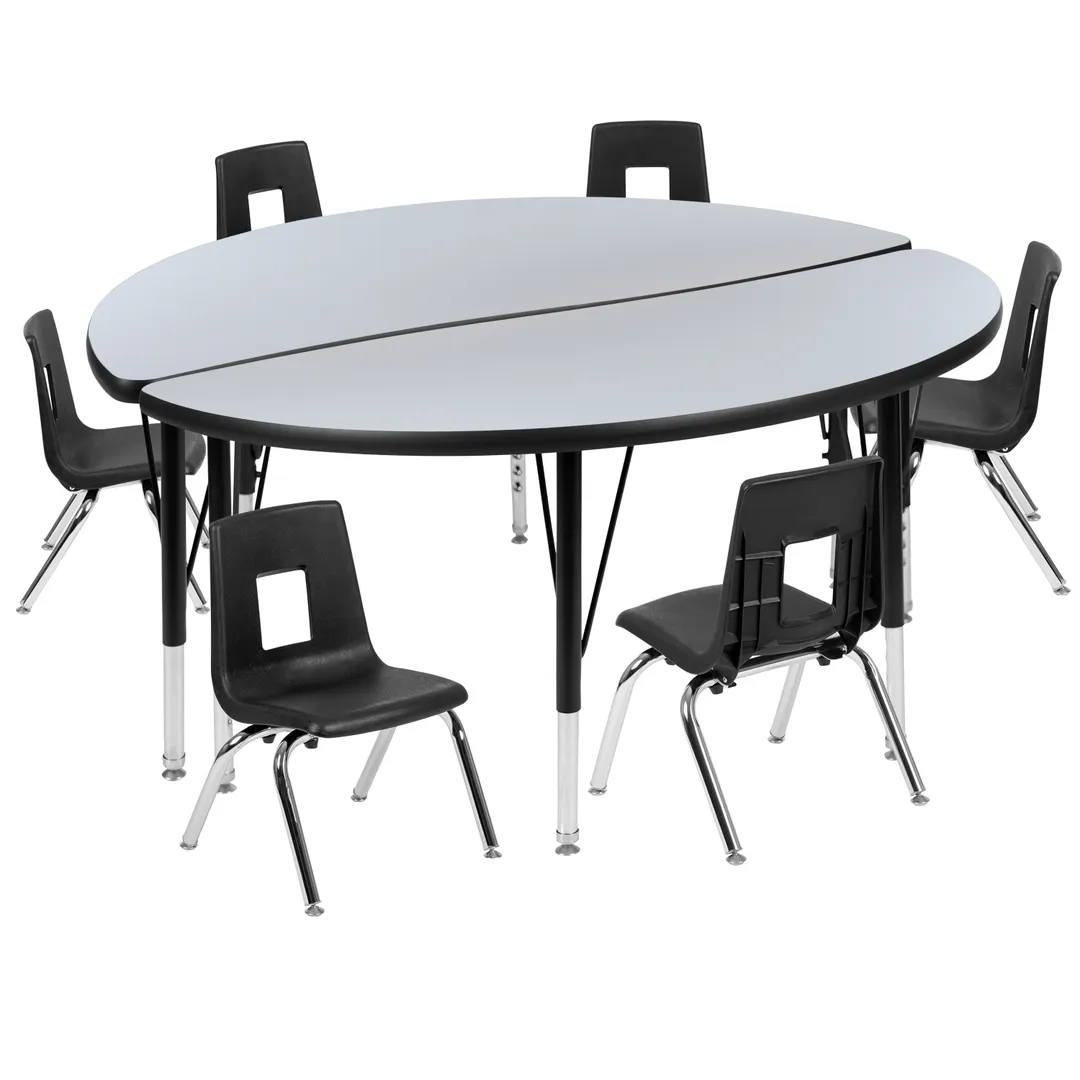 Flash Furniture XU-GRP-12CH-A48-HCIRC-GY-T-P-GG Emmy Activity Table & Chair Set, Round 48" Table, Adjustable Height, 6 Stack Chairs, Gray/Black