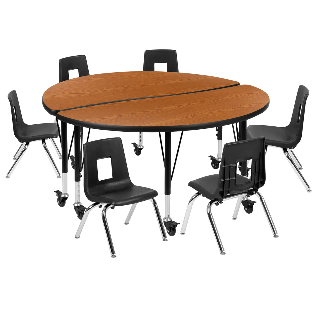 Flash Furniture XU-GRP-12CH-A48-HCIRC-OAK-T-P-CAS-GG Emmy Activity Table & Chair Set, Round 48" Table, Adjustable Height, 6 Stack Chairs, Oak/Black