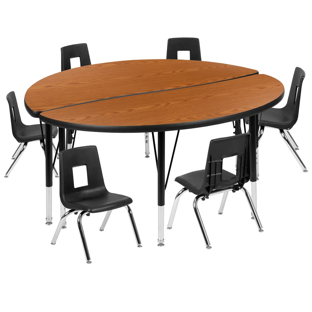 Flash Furniture XU-GRP-12CH-A48-HCIRC-OAK-T-P-GG Emmy Activity Table & Chair Set, Round 48" Table, Adjustable Height, 6 Stack Chairs, Oak/Black