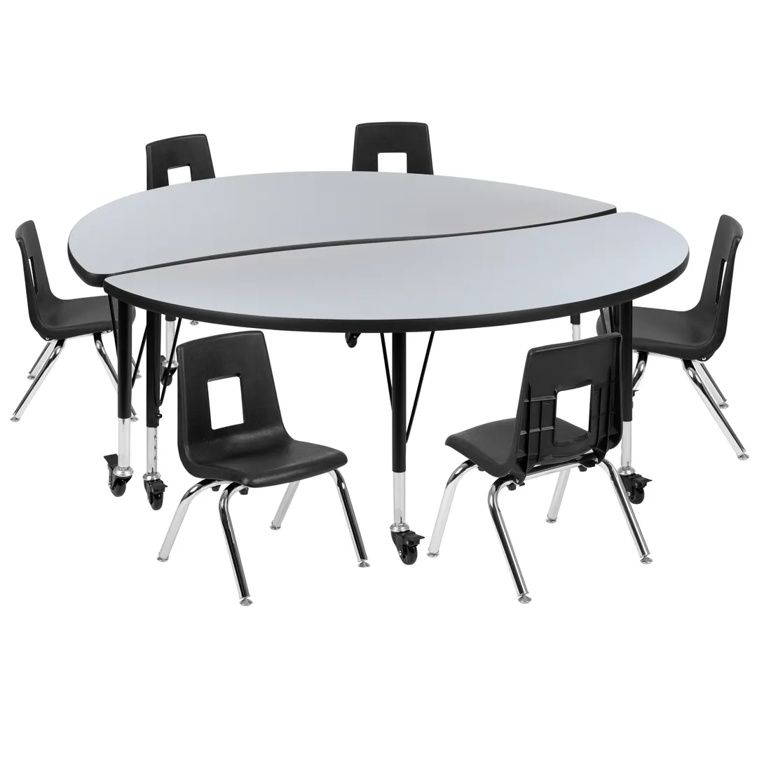 Flash Furniture XU-GRP-12CH-A60-HCIRC-GY-T-P-CAS-GG Table +6 Chairs,60" Dia x 17-25" H, Gray/Black Lock Casters