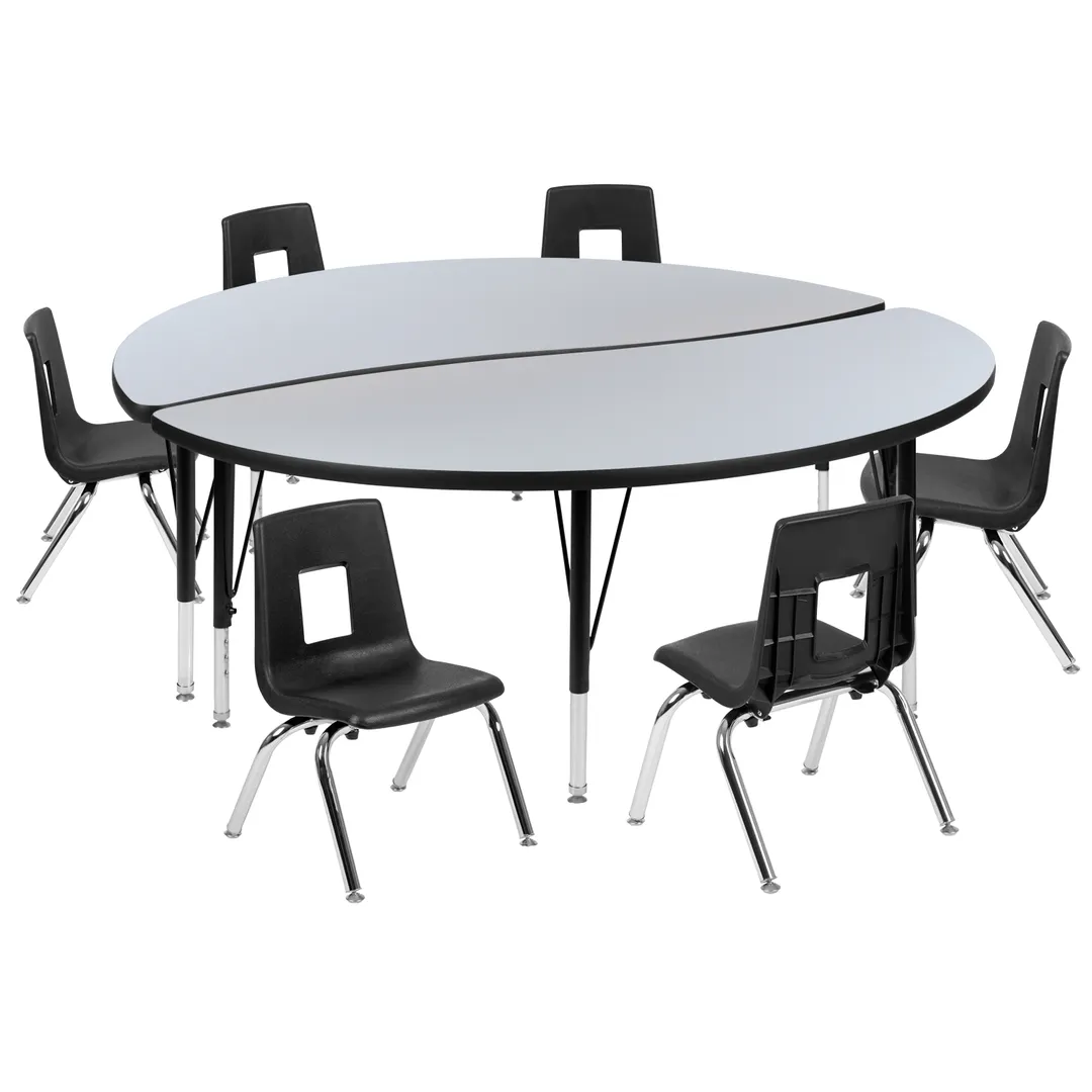 Flash Furniture XU-GRP-12CH-A60-HCIRC-GY-T-P-GG Emmy Activity Table & Chair Set, Round 60" Table, 6 Stack Chairs, Adjustable Height