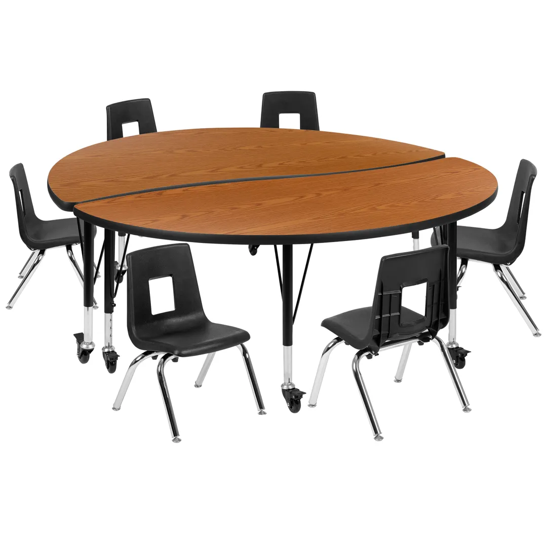 Flash Furniture XU-GRP-12CH-A60-HCIRC-OAK-T-P-CAS-GG Emmy Activity Table & Chair Set, Round 60" Table, 6 Stack Chairs, Adjustable Height
