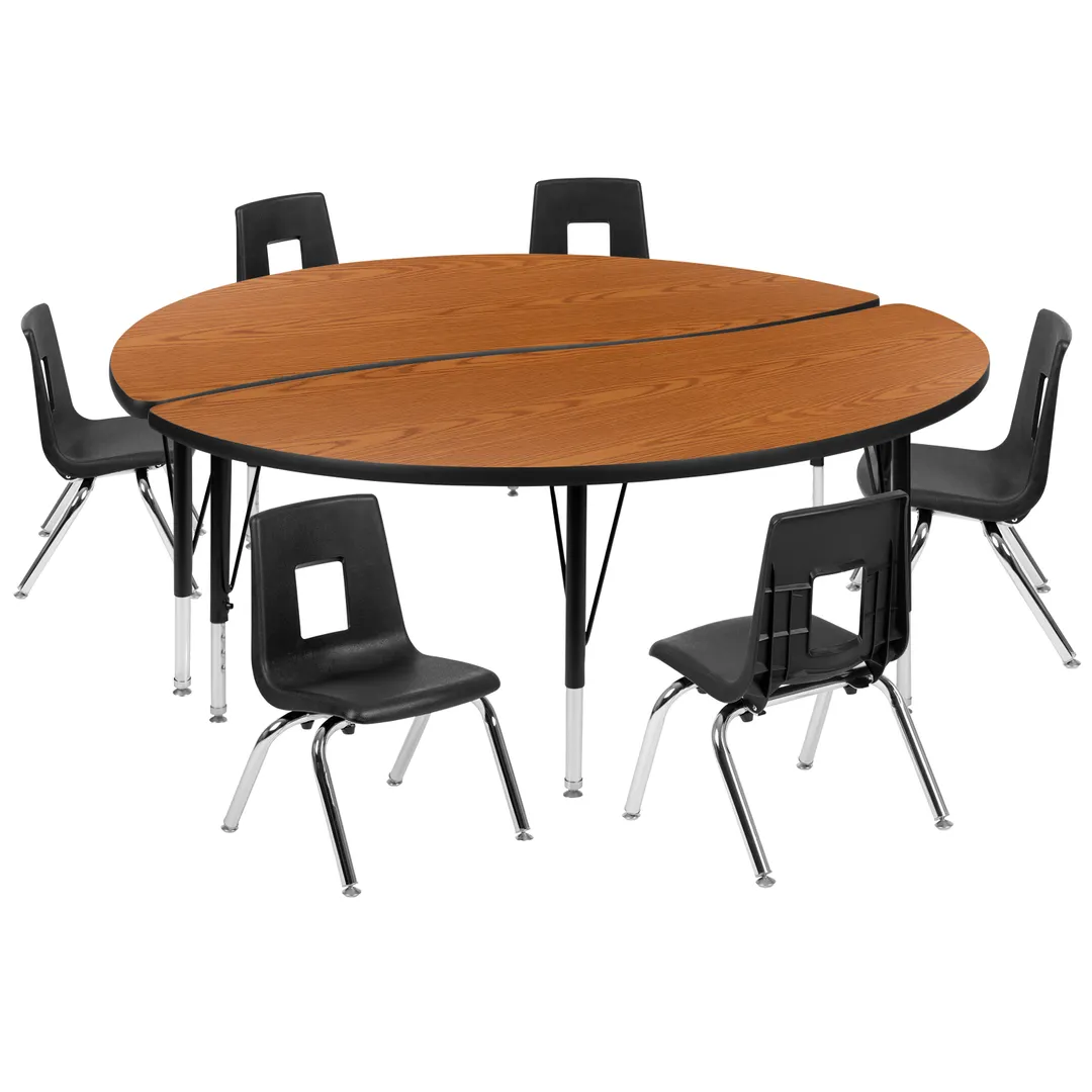 Flash Furniture XU-GRP-12CH-A60-HCIRC-OAK-T-P-GG 60" R Table 16-1/4"-25-1/4" Oak/Blk Nickel, 6 Chairs 12" Seat