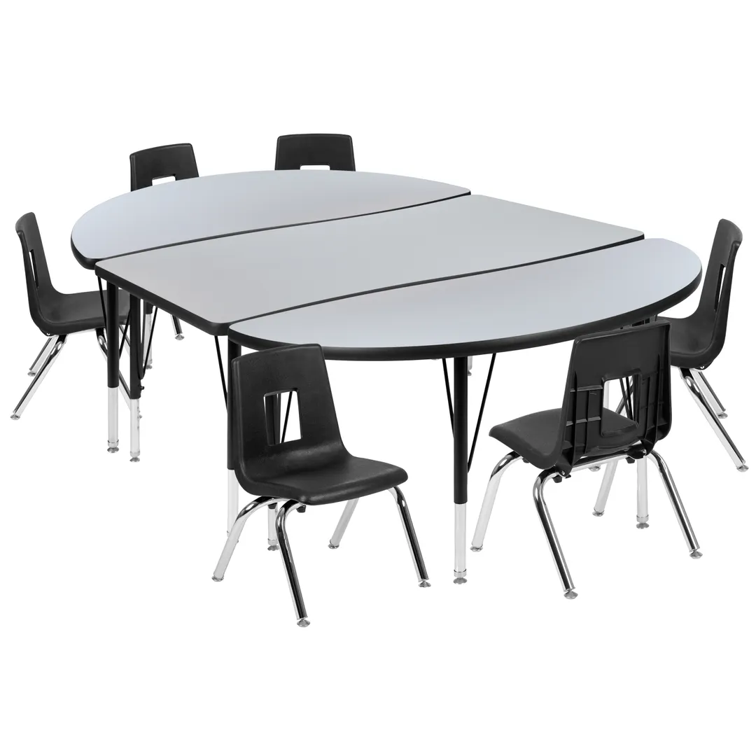 Flash Furniture XU-GRP-14CH-A3048CON-48-GY-T-P-GG Emmy Activity Table & Chair Set, Oval Laminate Top, 76"W x 47.5"D, Adjustable Height, 6 Stack Chairs, Gray/Black