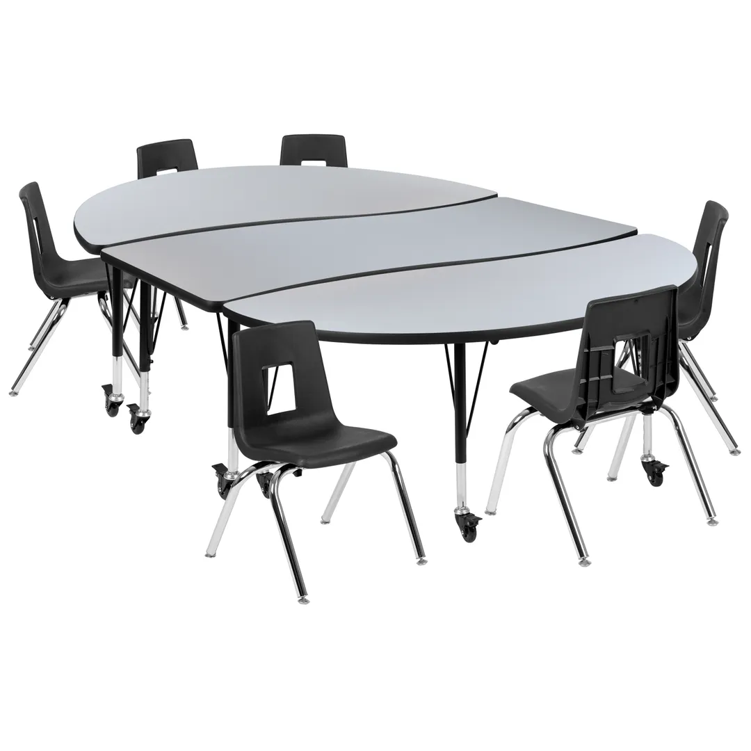Flash Furniture XU-GRP-14CH-A3060CON-60-GY-T-P-CAS-GG Emmy Activity Table & Chair Set, Oval Laminate Top, 86x60, Adjustable Height, 6 Stack Chairs