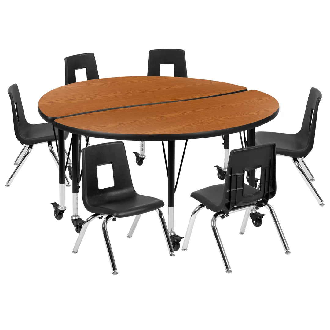 Flash Furniture XU-GRP-14CH-A48-HCIRC-OAK-T-P-CAS-GG Emmy Activity Table & Chair Set, Round 48" Table, 6 Stack Chairs, Adjustable Height