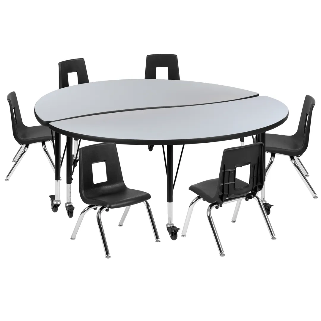 Flash Furniture XU-GRP-14CH-A60-HCIRC-GY-T-P-CAS-GG Emmy Activity Table & Chair Set, 60" Round Laminate Top, Adjustable Height, 6 Stack Chairs, Gray/Black