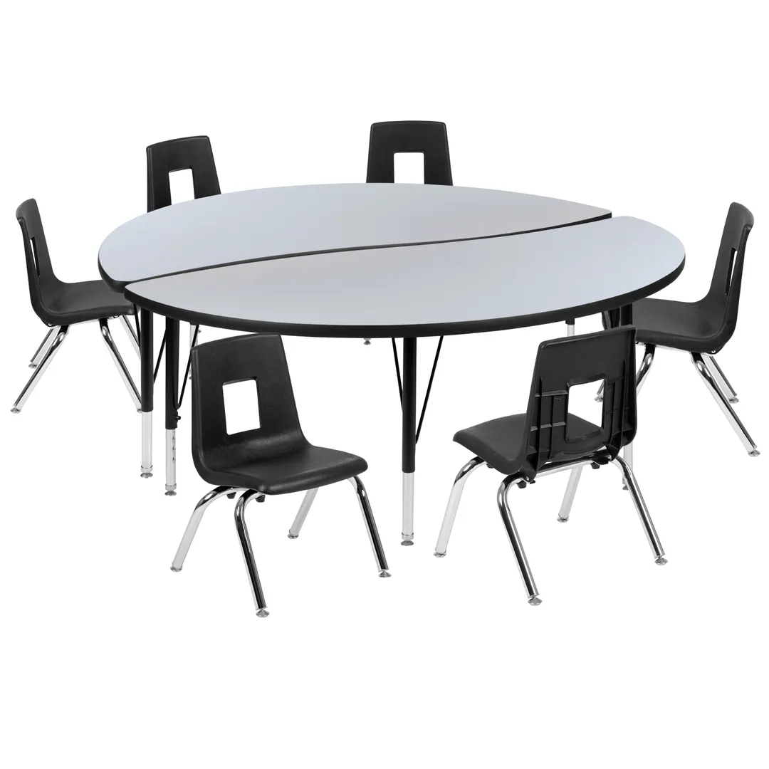 Flash Furniture XU-GRP-14CH-A60-HCIRC-GY-T-P-GG Emmy Activity Table & Chair Set, Round 60" Dia., Adjustable Height, Gray/Black, 6 Chairs