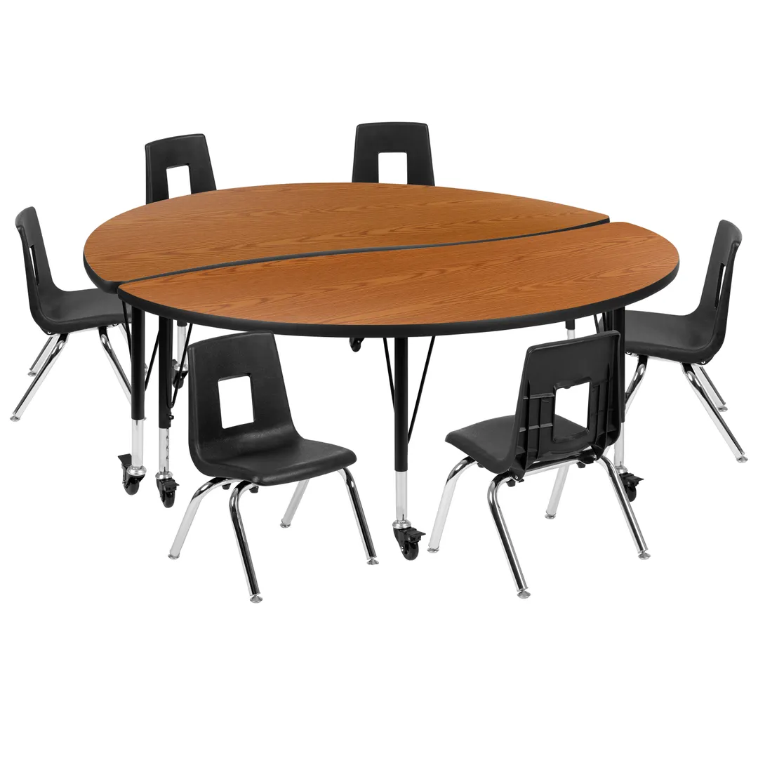 Flash Furniture XU-GRP-14CH-A60-HCIRC-OAK-T-P-CAS-GG 60" Table Adj Height, 6 Oak/Black Chairs, Chrome, Casters
