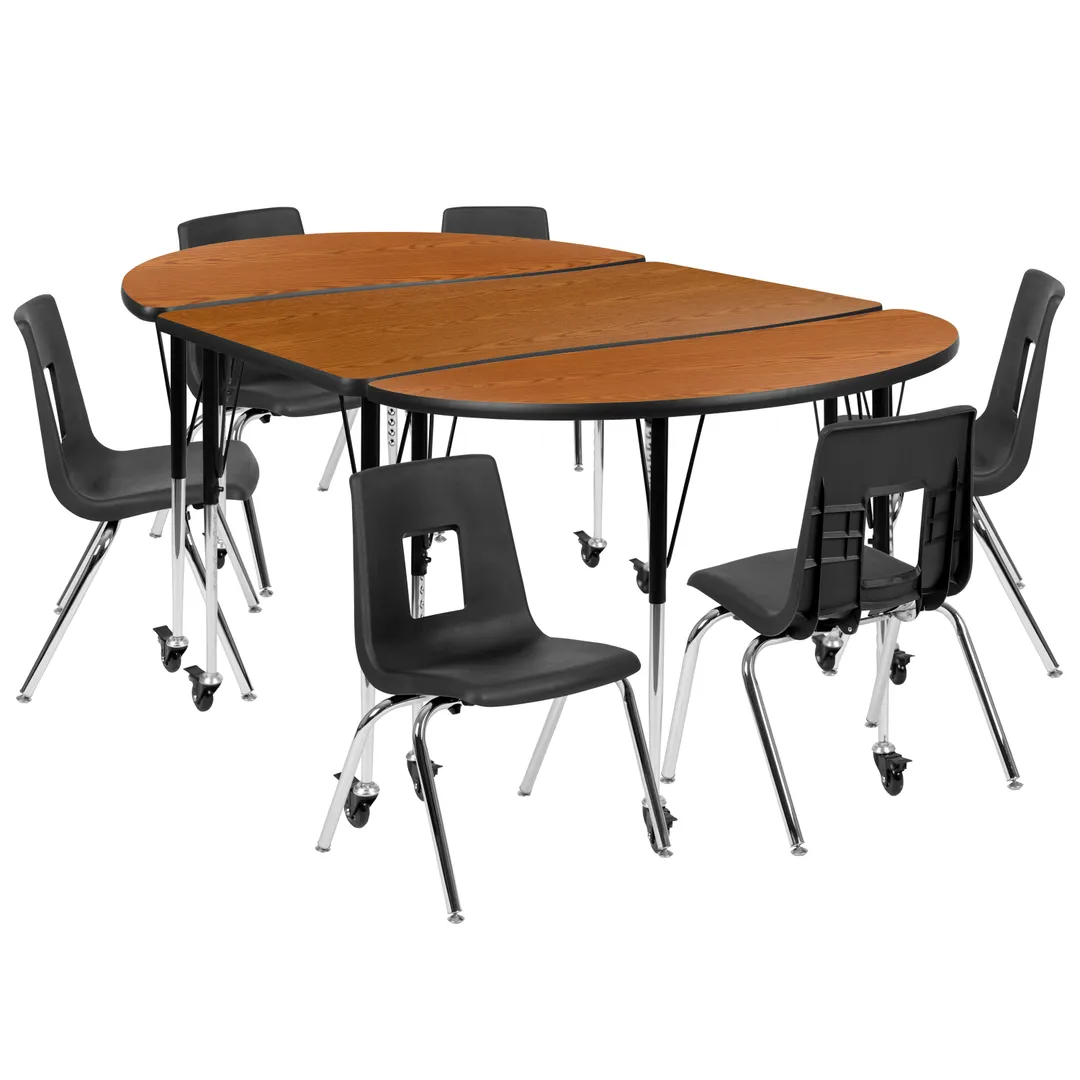 Flash Furniture XU-GRP-16CH-A3048CON-48-OAK-T-A-CAS-GG Emmy Activity Table & Chair Set, Oval Laminate Top, 76"W x 47.5"D, 6 Stack Chairs, Adjustable Height