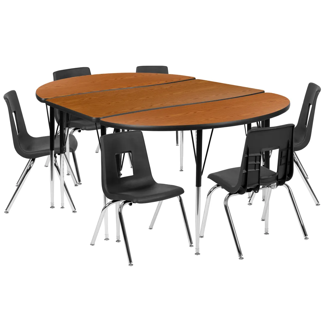 Flash Furniture XU-GRP-16CH-A3048CON-48-OAK-T-A-GG Emmy Activity Table & Chair Set, Oval Laminate Top, 76"W x 47.5"D, Adjustable Height, 6 Stack Chairs, Oak/Black