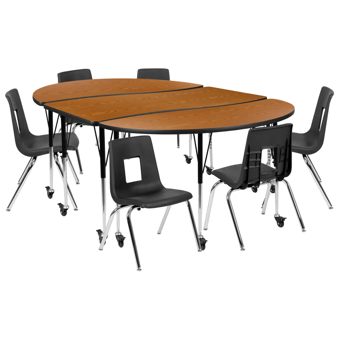 Flash Furniture XU-GRP-16CH-A3060CON-60-OAK-T-A-CAS-GG Emmy Activity Table & Chair Set, Oval 86x60, Adjustable Height, 6 Stack Chairs, Nickel Chrome