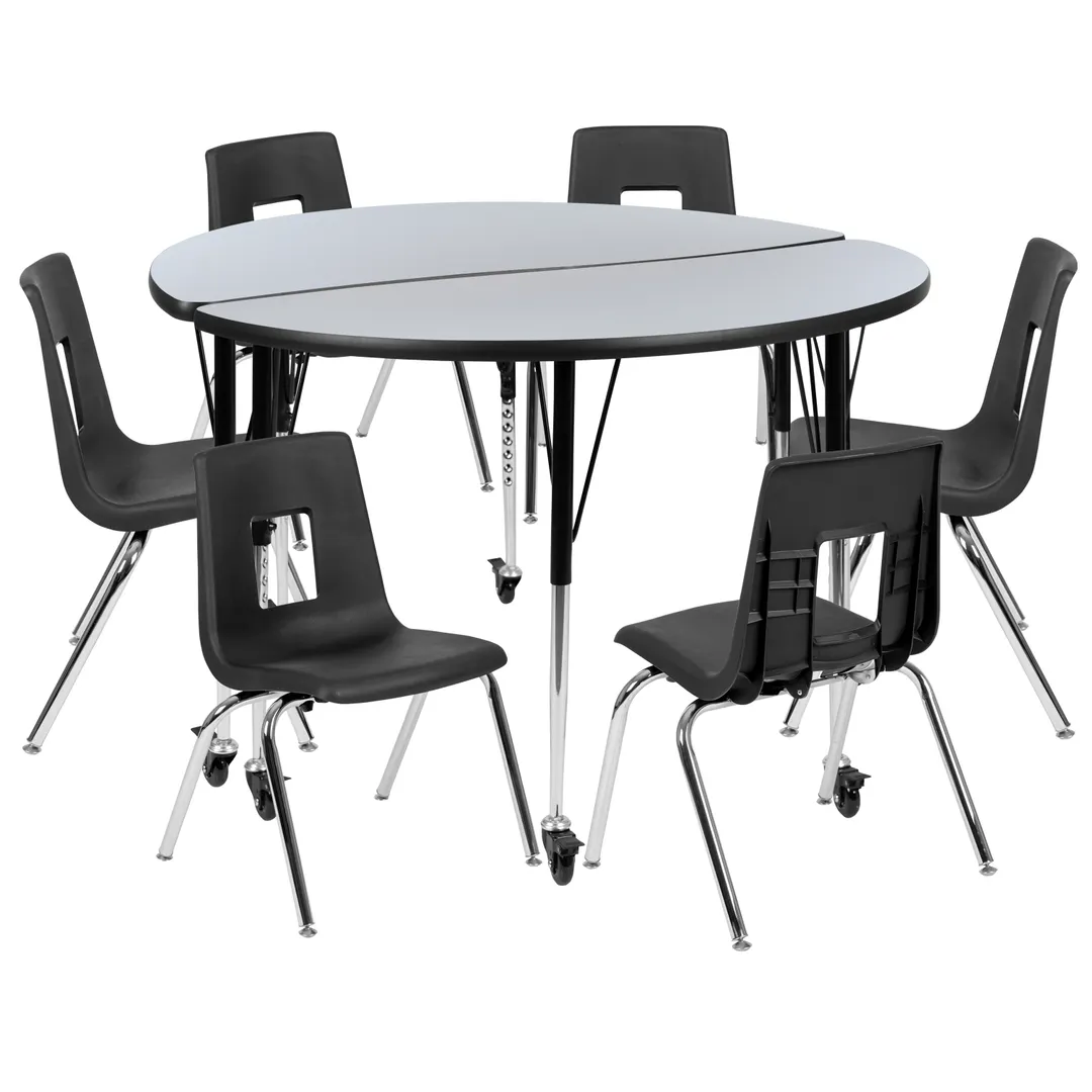 Flash Furniture XU-GRP-16CH-A48-HCIRC-GY-T-A-CAS-GG Emmy Activity Table & Chair Set, Round 48" Table, 6 Stack Chairs, Adjustable Height