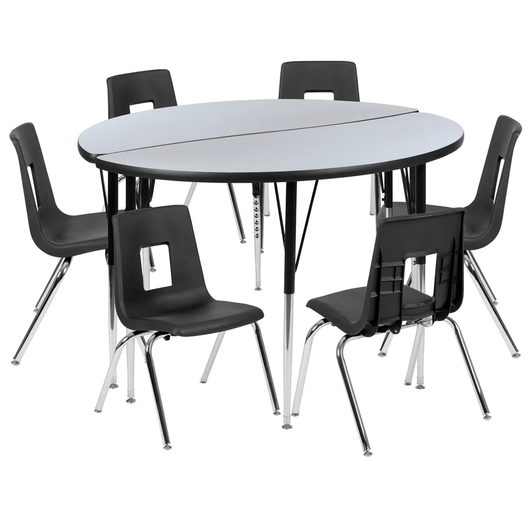Flash Furniture XU-GRP-16CH-A48-HCIRC-GY-T-A-GG Emmy Activity Table & Chair Set, Round 48" Table, 6 Stack Chairs, Adjustable Height