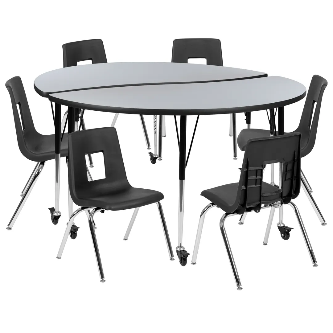 Flash Furniture XU-GRP-16CH-A60-HCIRC-GY-T-A-CAS-GG Emmy Activity Table & Chair Set, Round 60" Table, 6 Stack Chairs, Adjustable Height