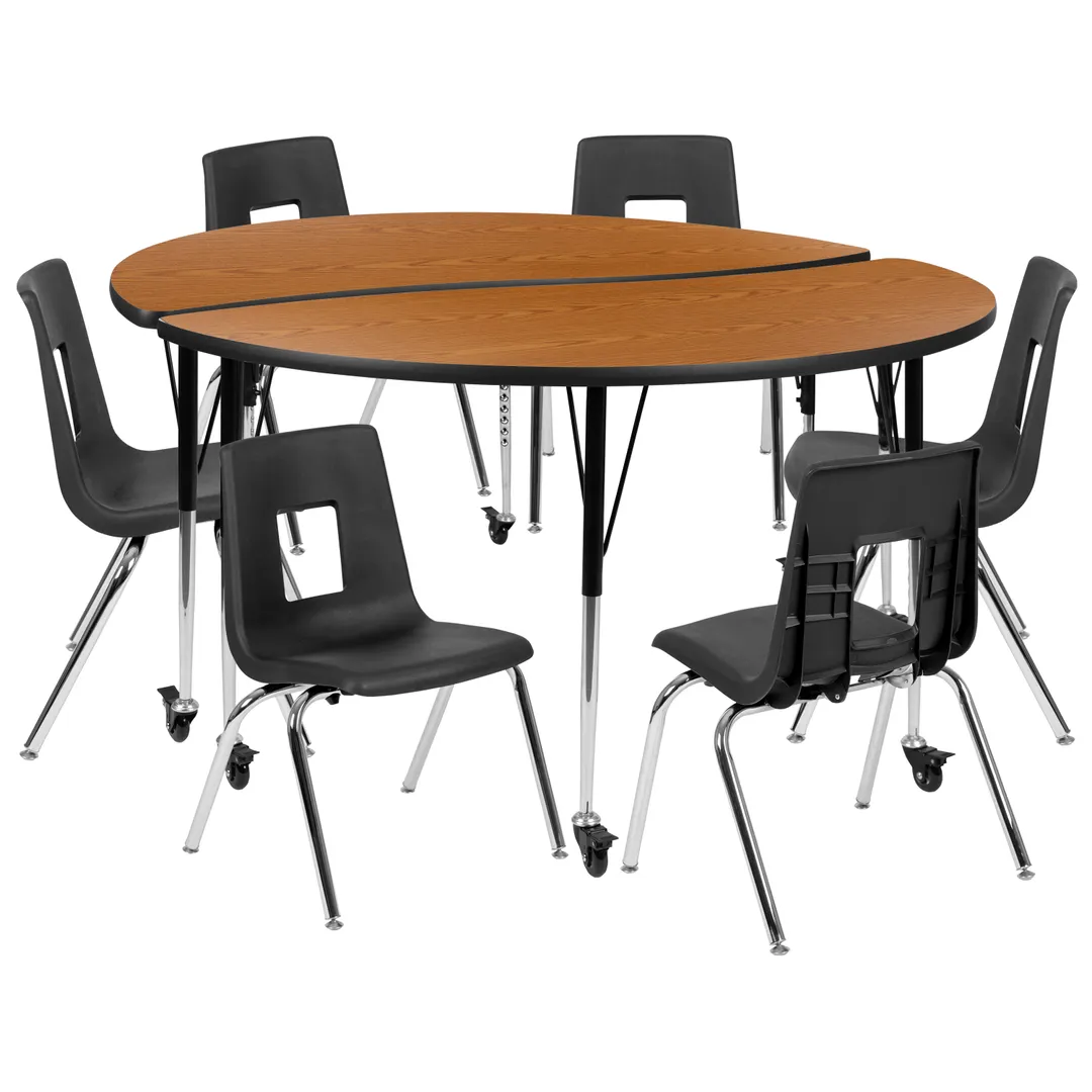 Flash Furniture XU-GRP-16CH-A60-HCIRC-OAK-T-A-CAS-GG Emmy Activity Table & Chair Set, Round 60" Table, 6 Stack Chairs, Adjustable Height