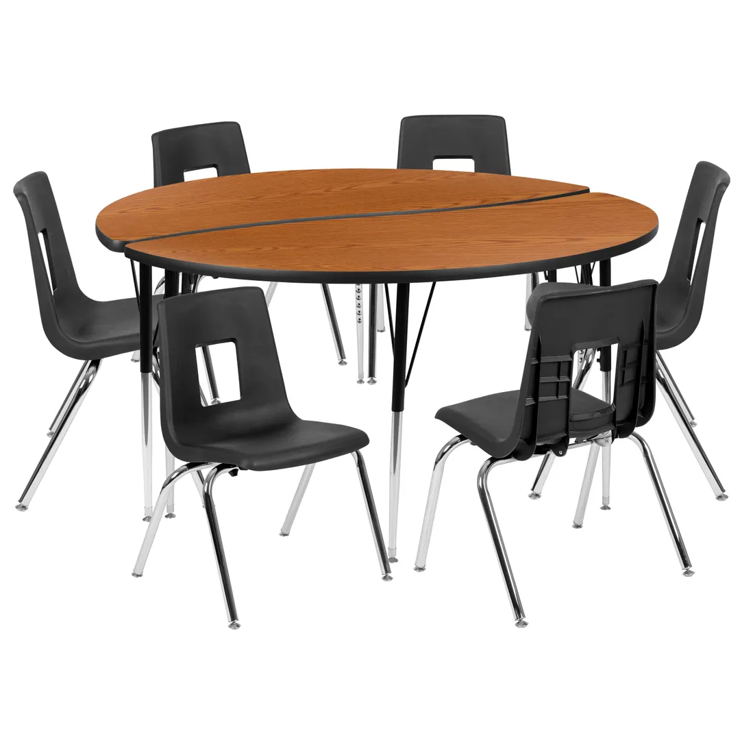 Flash Furniture XU-GRP-16CH-A60-HCIRC-OAK-T-A-GG Emmy Activity Table & Chair Set, 60" Round, Adjustable Height, 6 Chairs, Oak/Black
