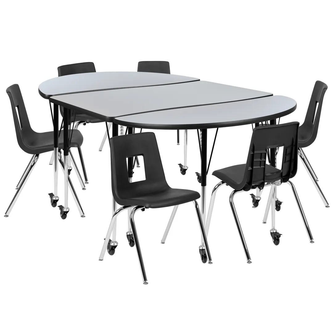 Flash Furniture XU-GRP-18CH-A3048CON-48-GY-T-A-CAS-GG Emmy Activity Table & Chair Set, Oval Laminate Top, 76"W x 47.5"D, 6 Stack Chairs, Gray/Black