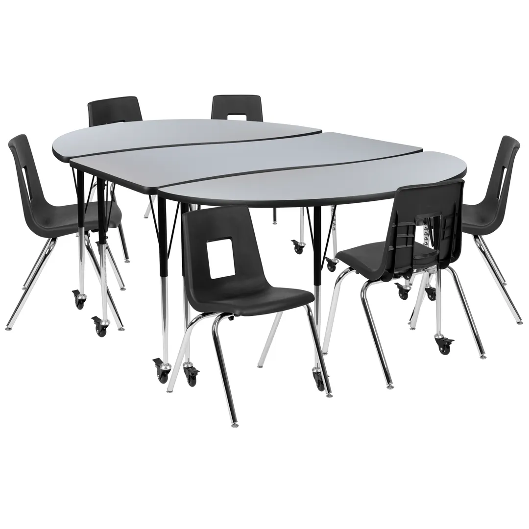 Flash Furniture XU-GRP-18CH-A3060CON-60-GY-T-A-CAS-GG Emmy Activity Table & Chair Set, Oval 86x60, Adjustable 17-25H, Laminate Top, 6 Stack Chairs