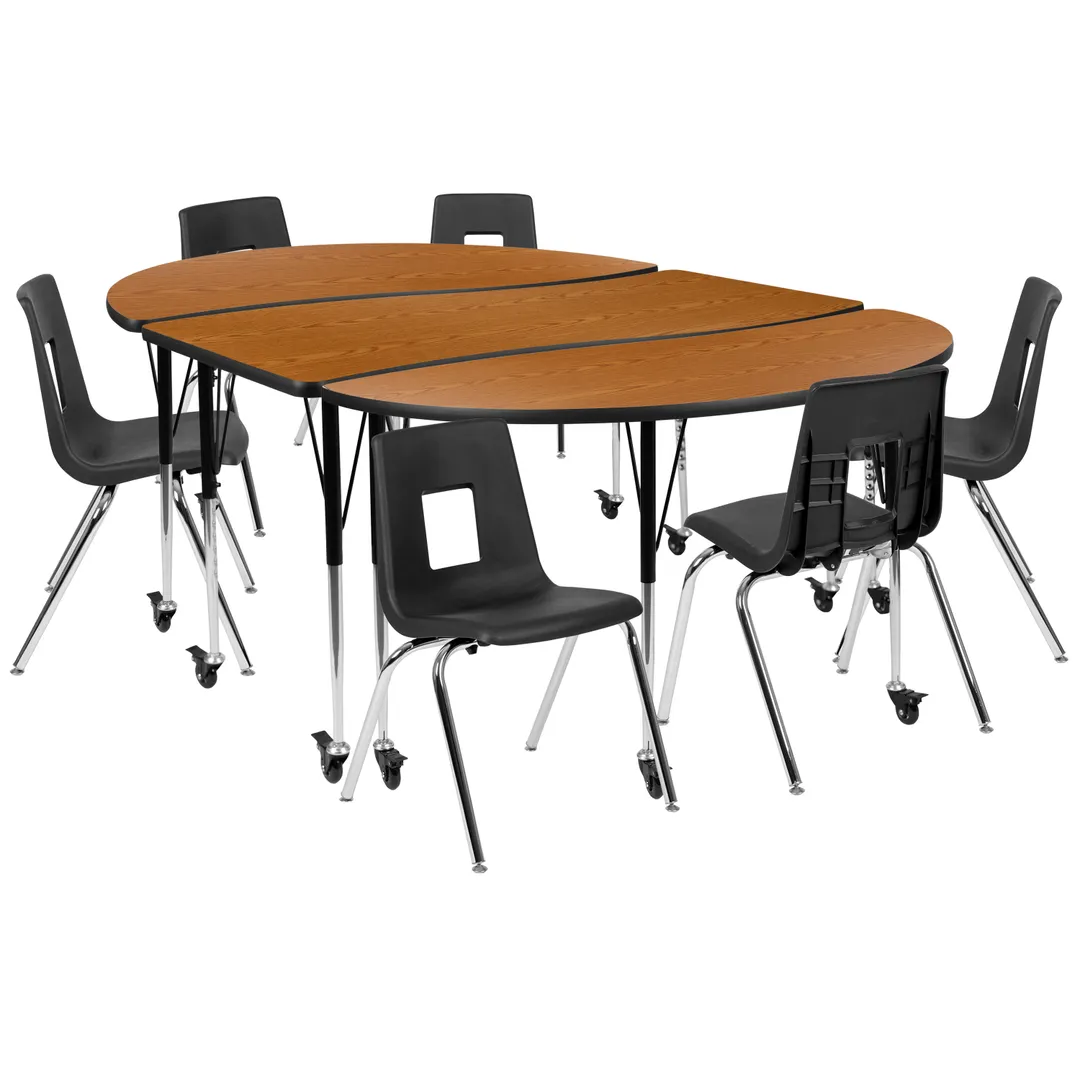Flash Furniture XU-GRP-18CH-A3060CON-60-OAK-T-A-CAS-GG Emmy Activity Table & Chair Set, Oval 86x60, Adjustable Height, 6 Stack Chairs, Oak/Black