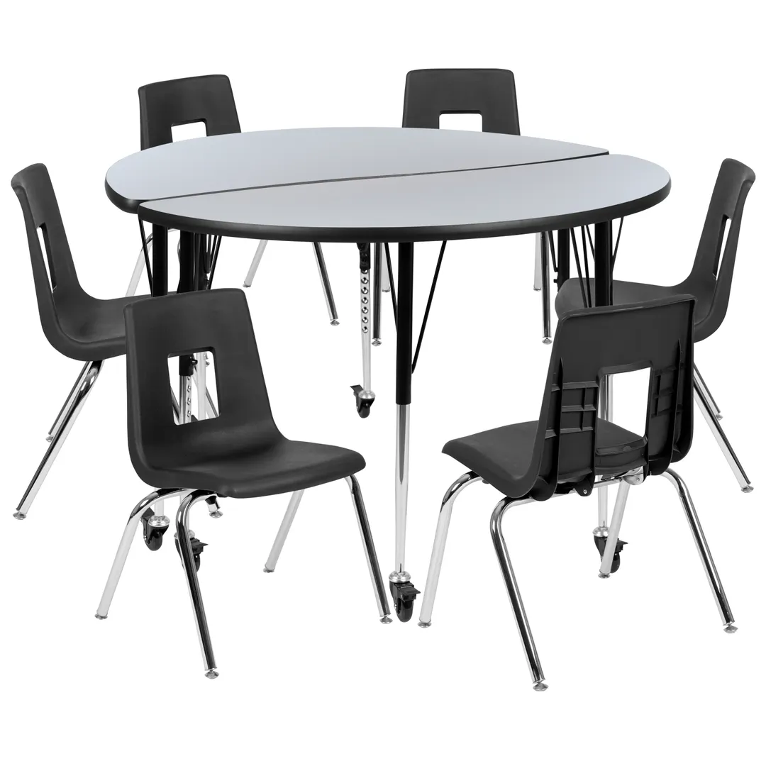 Flash Furniture XU-GRP-18CH-A48-HCIRC-GY-T-A-CAS-GG Emmy Activity Table & Chair Set, Round 48" Table, 6 Stack Chairs, Adjustable Height, Gray/Black