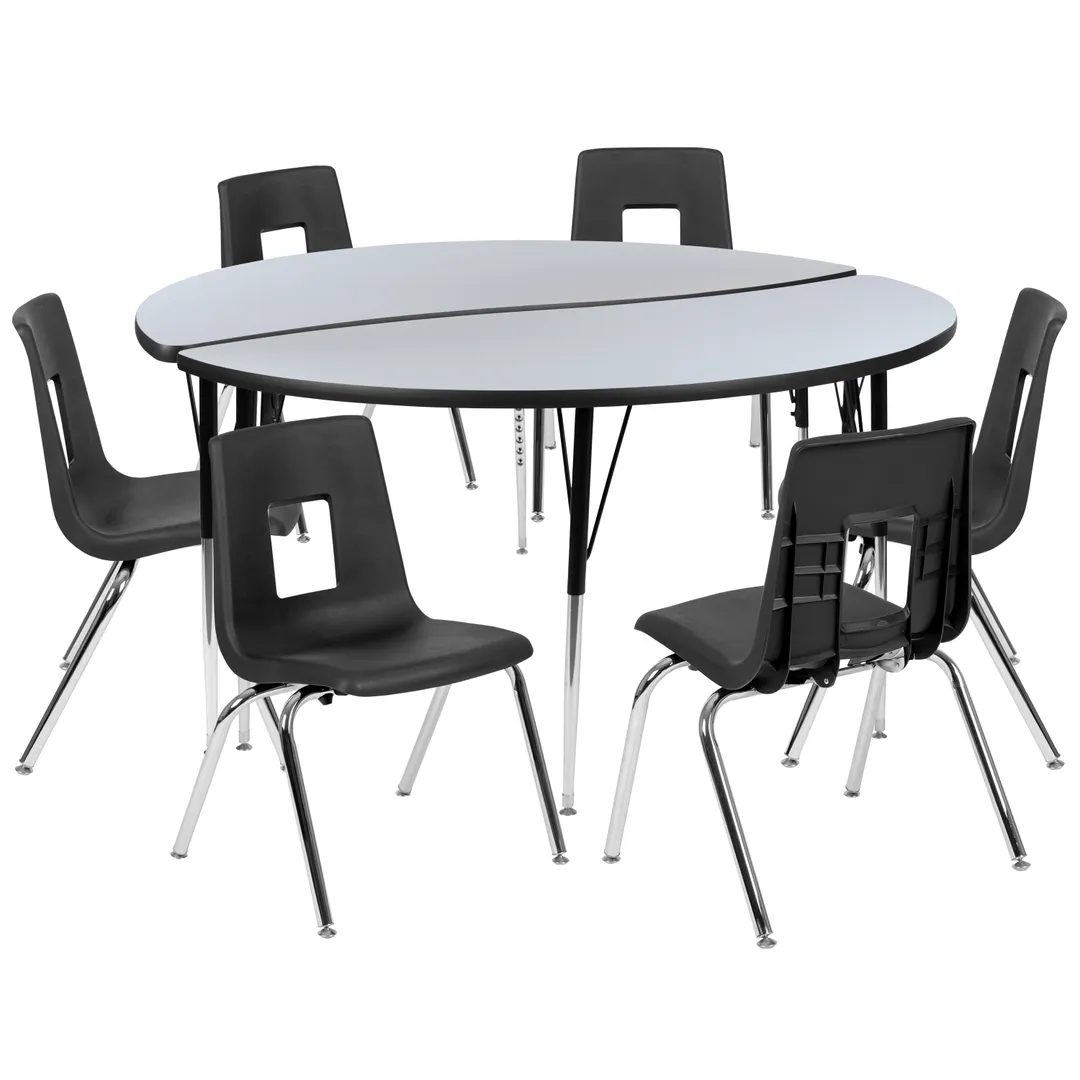 Flash Furniture XU-GRP-18CH-A60-HCIRC-GY-T-A-GG Table with 6 Stack Chairs, 60" Dia., Nickel Chrome, Gray/Black